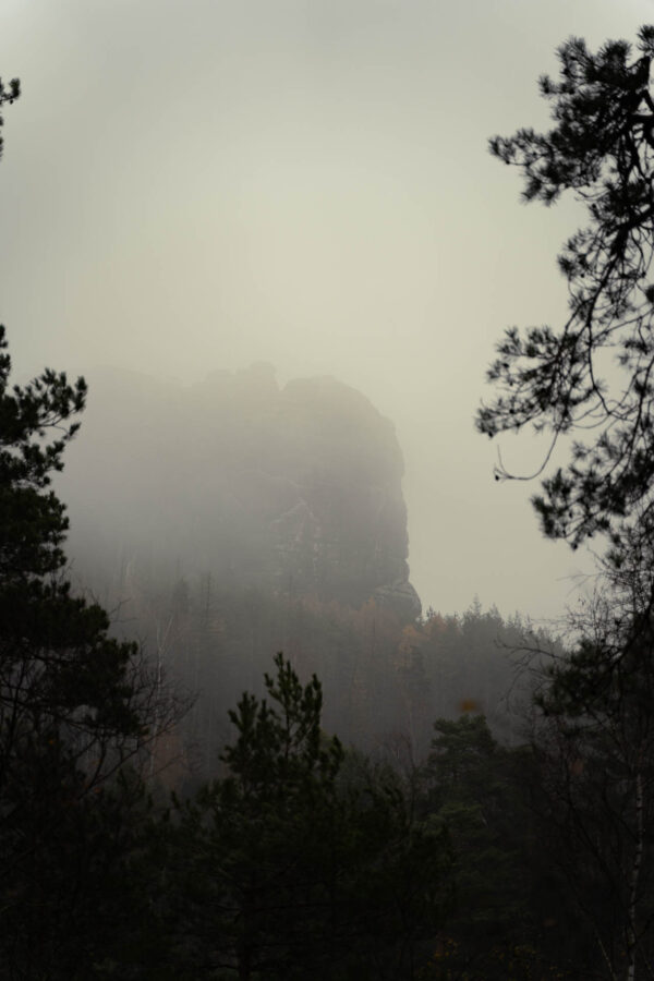 Blick auf den vernebelten Falkenstein